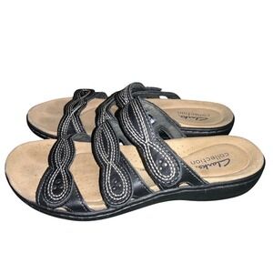 Clarks Collection Leisa Faye Womens Black Leather Comfort Slide Sandals Size 7 M